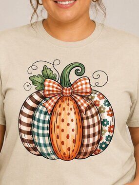 Patchwork Pumpkin Fall Graphic T-Shirt Sand Size 2XL